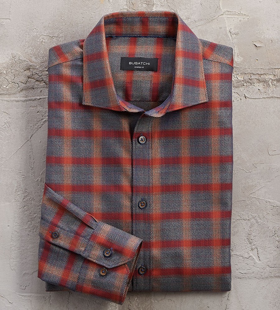 Bugatchi Bugatchi Windowpane Twill Long Sleeve Sport Shirt Brick New