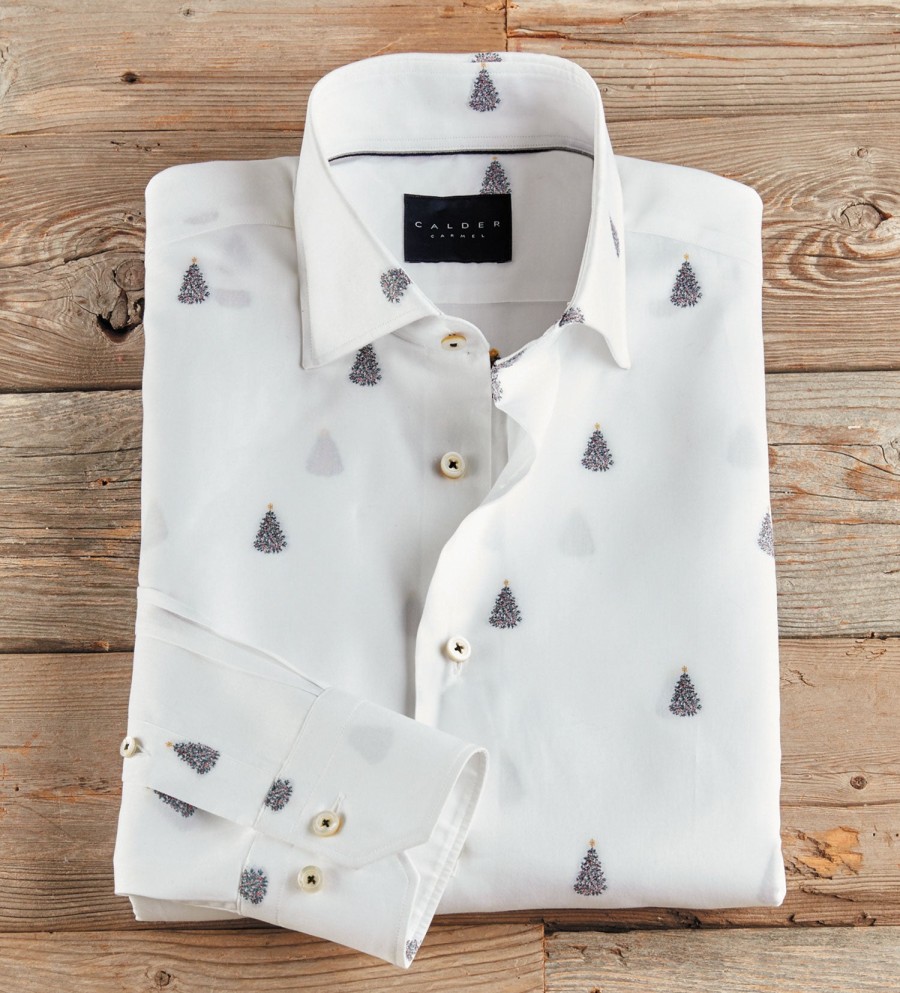 Calder Carmel Calder Carmel Long Sleeve Christmas Tree Spread Collar Shirt White Clearance