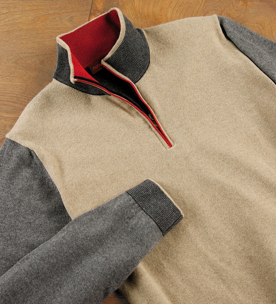 Patrick James Patrick James Colorblock Quarter Zip Sweater Camel/Charcoal Wholesale