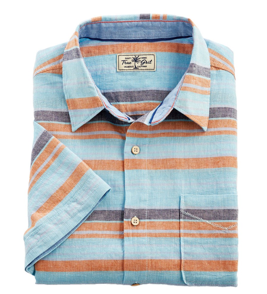 True Grit True Grit Baja Stripe Short Sleeve Sport Shirt Chambray/Brown Wholesale