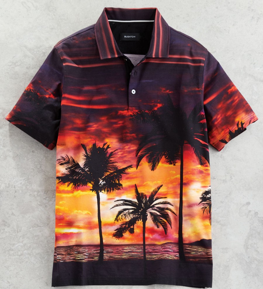 Bugatchi Bugatchi Sunset Palms Short Sleeve Polo Shirt Lava New