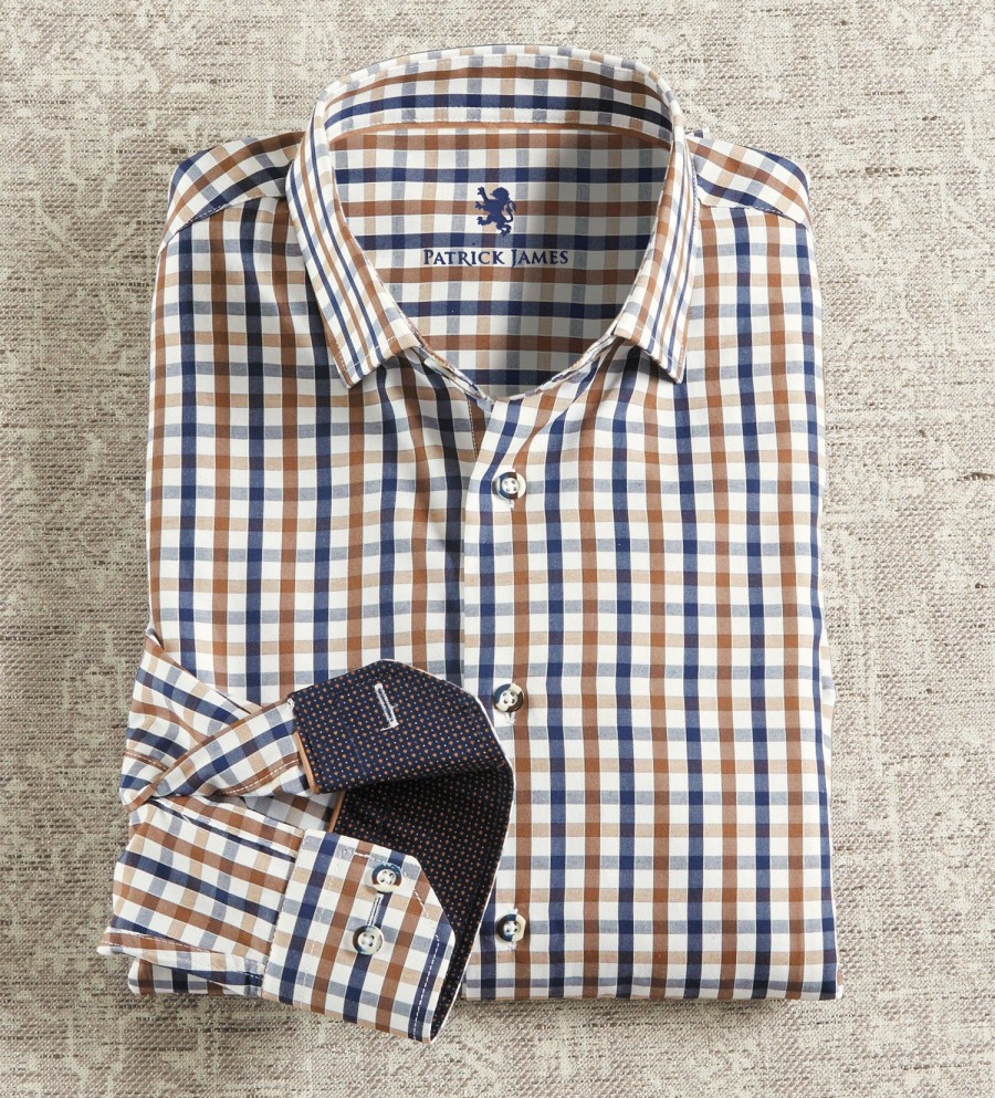 Patrick James Patrick James Check Long Sleeve Shirt White/Brown/Navy Clearance